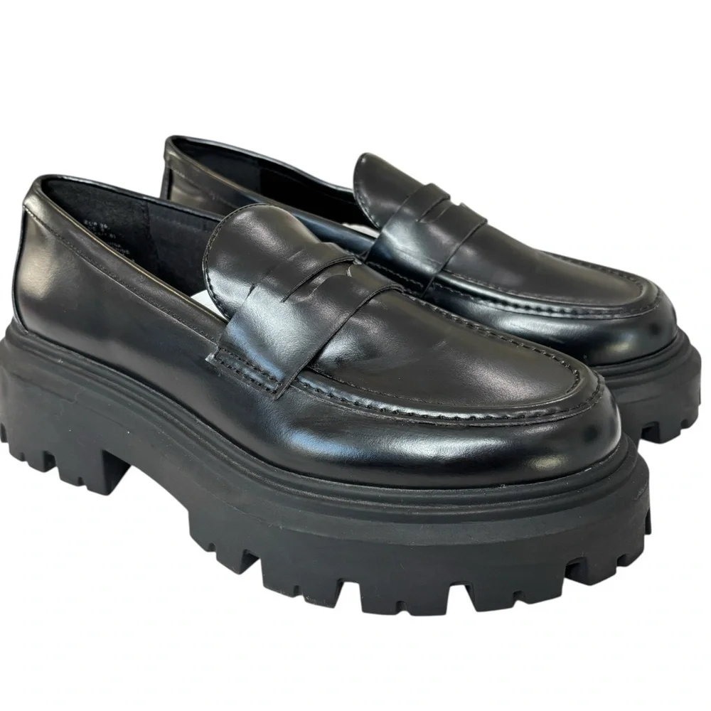 H&M Womens Chunky Platform Penny Loafers Black Patent Leather Shoe Size 39 / 8